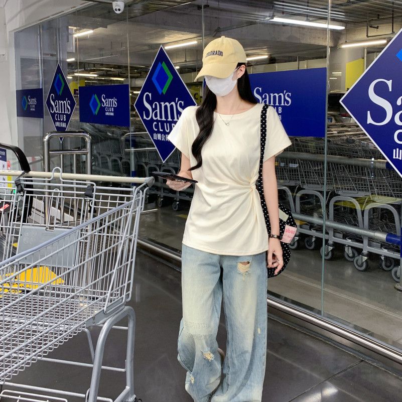 여자 여름 라운드넥 반팔 티셔츠 사이드 셔링 꼬임 루즈핏 면스판 데일리 캐주얼룩 D08100 - 상세 이미지 3
