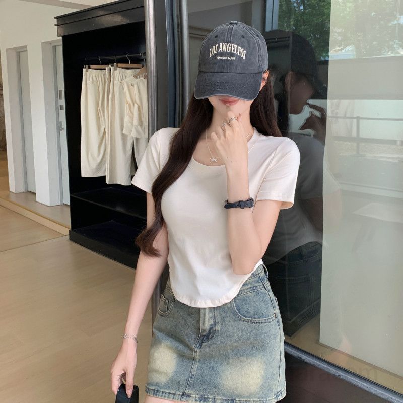 여자 여름 슬림핏 라운드넥 베이직 단색 반팔 티셔츠 크롭 데일리 여성티 편안한 T004 - 상세 이미지 3