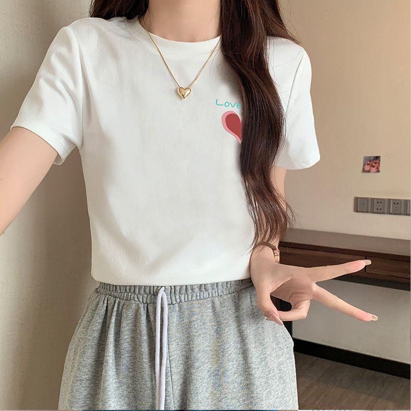여자 여름 슬림핏 라운드넥 유니크 프린팅 반팔 티셔츠 베이직 데일리 여성티 면스판 기본 T001 - 상품 이미지