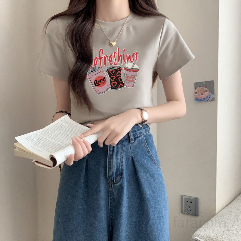 여성용 라운드넥 프린트 반팔 티셔츠 여름용 30수 코튼 소재로 시원한 착용감과 아메리칸 스타일을 더한 데일리 패션 탑 - 상세 이미지 2