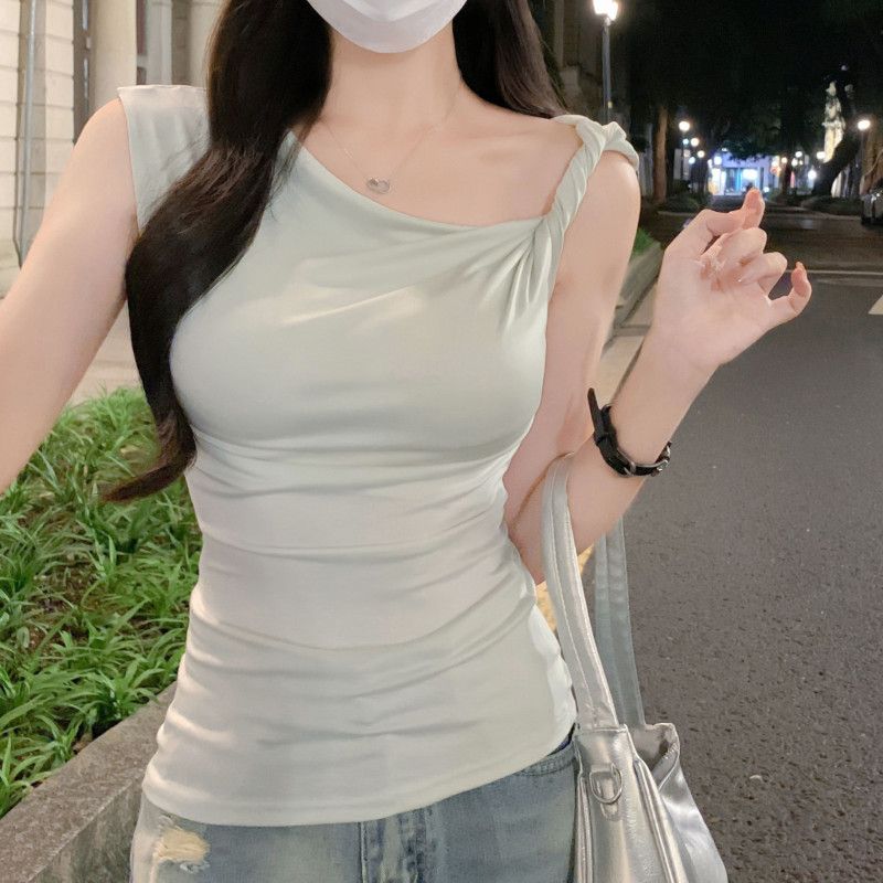 여자 여름 원숄더 언발 셔링 민소매 티셔츠 캡소매 슬림핏 텐셀 데일리 캐주얼룩 D0945-1 - 상세 이미지 2