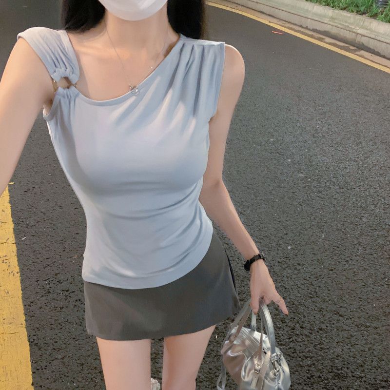 여자 여름 원숄더 언발 셔링 민소매 티셔츠 슬림핏 크롭 데일리 캐주얼룩 D03138-1 - 상세 이미지 4