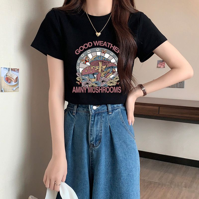여자 여름 슬림핏 라운드넥 유니크 프린팅 반팔 티셔츠 베이직 데일리 여성티 면스판 기본 T001 - 상세 이미지 3