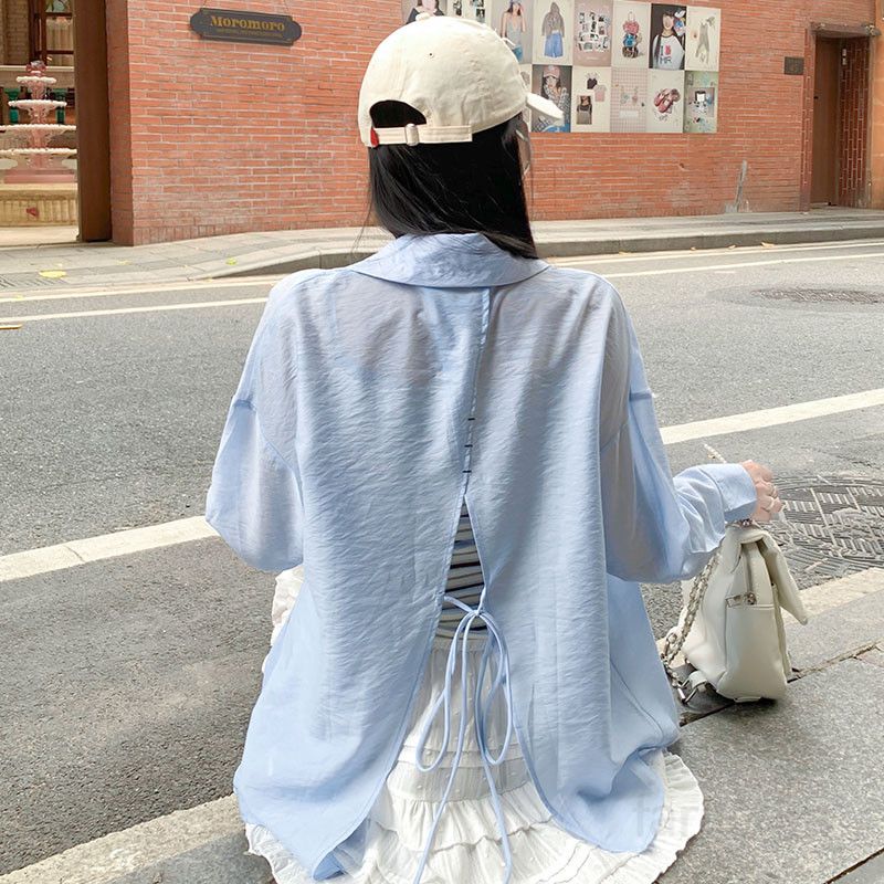 여성 여름 시스루 루즈핏 폴로카라 긴팔 셔츠 스트라이프 나시 슬리브리스 코디 여리여리핏 체형커버 데일리 캐주얼룩 TZ07488-1 - 상세 이미지 3