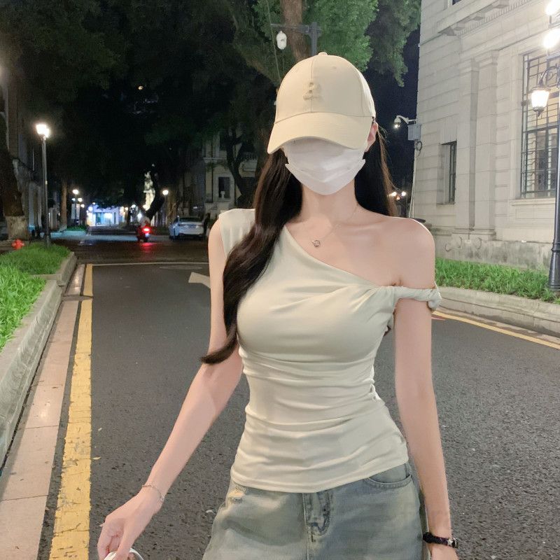 여자 여름 원숄더 언발 셔링 민소매 티셔츠 캡소매 슬림핏 텐셀 데일리 캐주얼룩 D0945-1 - 상세 이미지 3