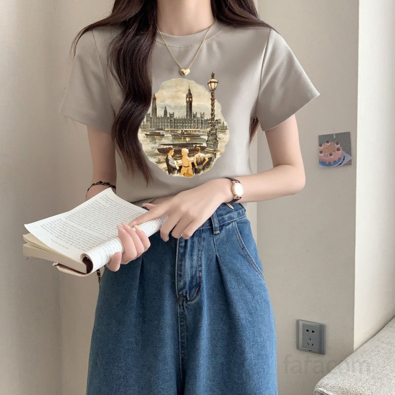 여성용 순면 라운드넥 프린트 반팔티 여름 캐주얼 데일리티 편안한 착용감 고급스러운 디자인 다용도 활용 가능한 스타일리시한 아메리칸 티셔츠 - 상세 이미지 5