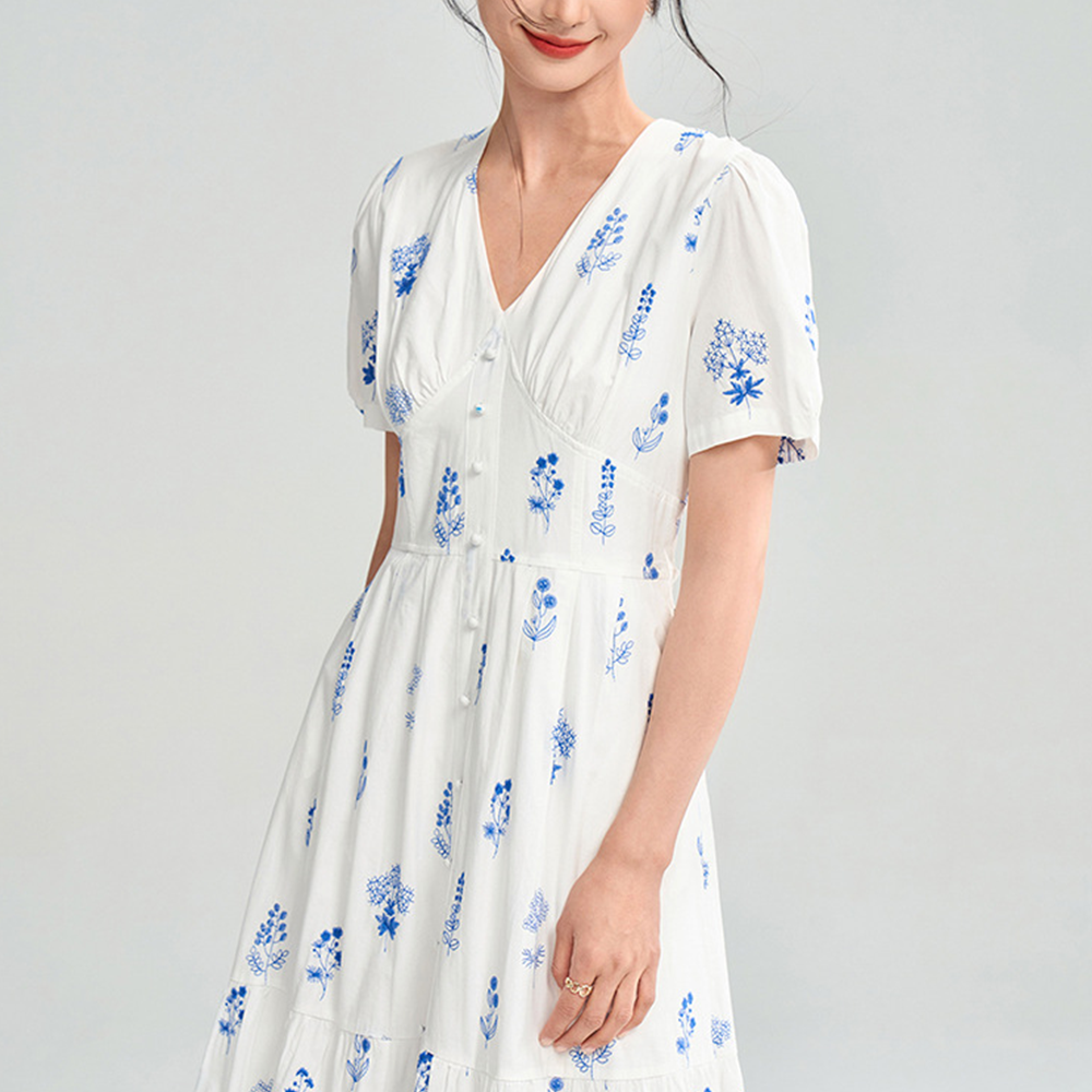 플라워원피스 자수 여름휴가룩 여성 V넥 반팔 롱 오버핏 슬림 데이트코디 - 상품 이미지
