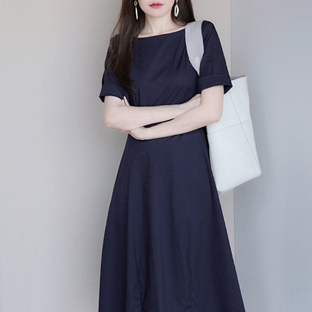 여름롱원피스 결혼식하객룩 심플 네이비 라운드넥 반팔 여름 오버핏 니치 - 상세 이미지 5