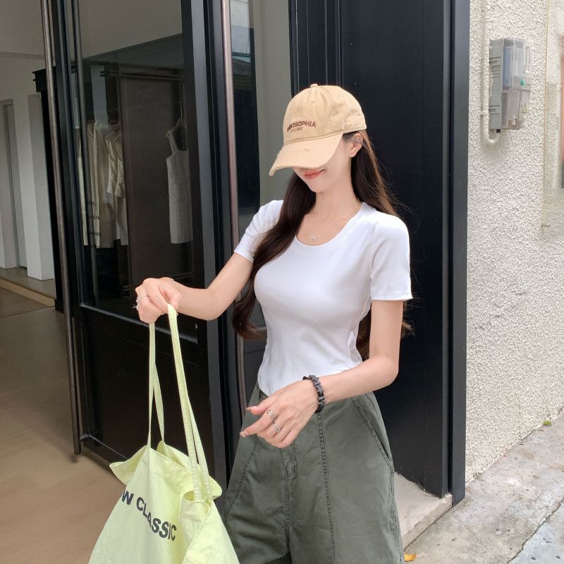 여자 여름 슬림핏 라운드넥 베이직 단색 반팔 티셔츠 크롭 데일리 여성티 편안한 T004 - 상품 이미지