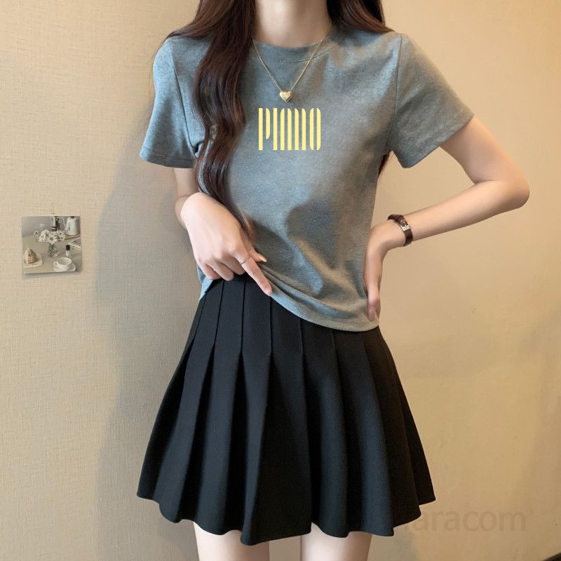 여자 여름 슬림핏 라운드넥 레터링 반팔 티셔츠 데일리 베이직 여성티 면스판 프린팅 23D3819 - 상세 이미지 2