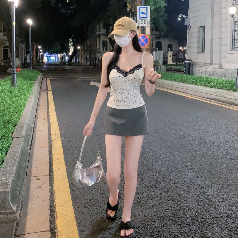 여자 여름 레이스 도트 나시 뷔스티에 슬림핏 크롭 데일리 캐주얼룩 Y2K B03148 - 상세 이미지 3