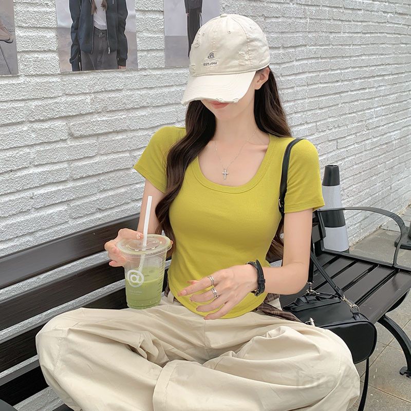 여자 여름 슬림핏 브이넥 셔링 반팔티 숏기장 데일리 베이직 코디 여성티 탄탄스판 라운드 밑단 T005 - 상세 이미지 4