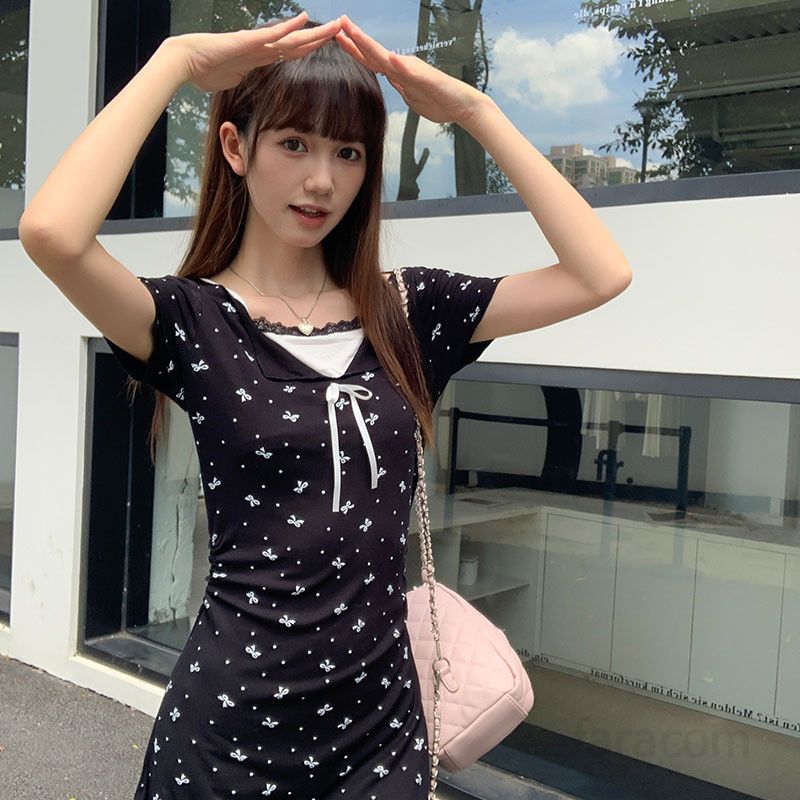 여성 여름 페이크 레이어드 스퀘어넥 반팔 슬림핏 리본 나비 패턴 A라인 미니 원피스 체형커버 데일리룩 BQ02135 - 상세 이미지 4