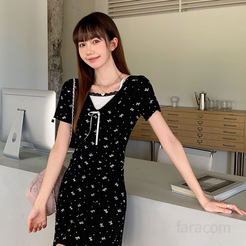 여성 여름 페이크 레이어드 스퀘어넥 반팔 슬림핏 리본 나비 패턴 A라인 미니 원피스 체형커버 데일리룩 BQ02135 - 상세 이미지 2