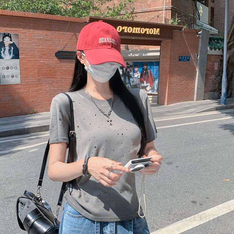 여자 여름 라운드넥 핫픽스 스톤 반팔 티셔츠 루즈핏 데일리 유니크 여성티 면 혼방 D02122-1 - 상세 이미지 3