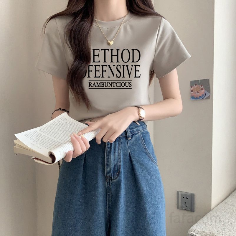 여자 여름 슬림핏 라운드넥 레터링 반팔 티셔츠 데일리 베이직 여성티 면스판 프린팅 T001METH - 상세 이미지 4