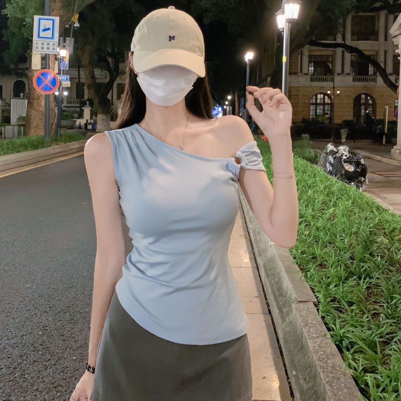 여자 여름 원숄더 언발 셔링 민소매 티셔츠 슬림핏 크롭 데일리 캐주얼룩 D03138-1 - 상세 이미지 3