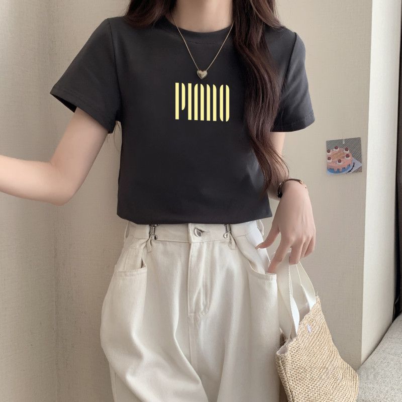 여자 여름 슬림핏 라운드넥 레터링 반팔 티셔츠 데일리 베이직 여성티 면스판 프린팅 23D3819 - 상세 이미지 3