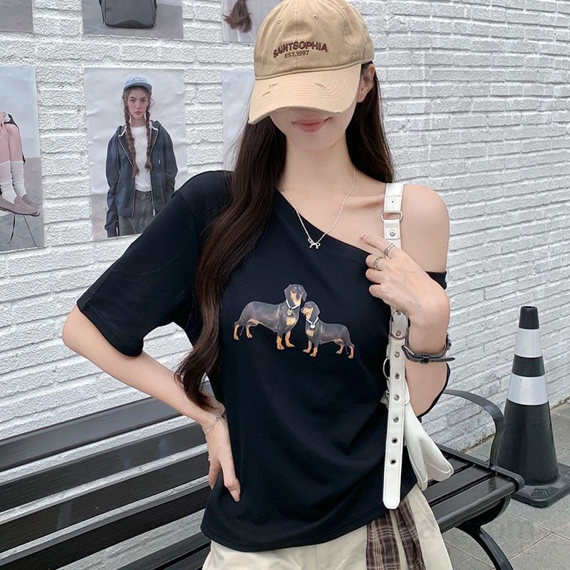 여자 루즈핏 오프숄더 어깨트임 강아지 프린팅 반팔티 여름 데일리 베이직 편안한 티셔츠 TZ07455 - 상품 이미지