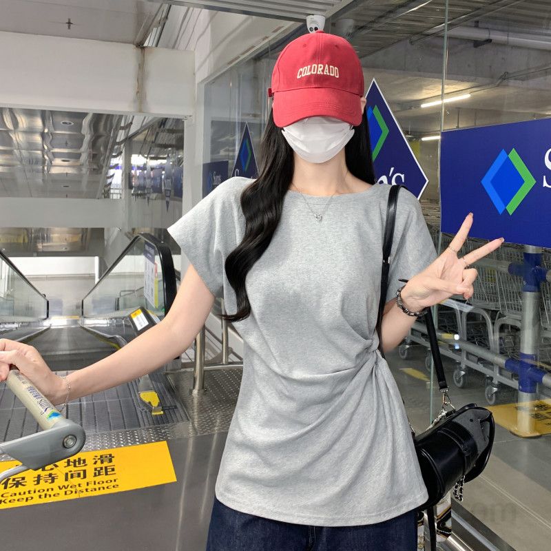 여자 여름 라운드넥 반팔 티셔츠 사이드 셔링 꼬임 루즈핏 면스판 데일리 캐주얼룩 D08100 - 상세 이미지 4