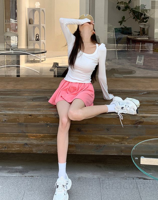 여자 여리핏 오프숄더 스퀘어넥 롱 슬리브 긴팔 티셔츠 러블리 얇은 스판 데일리 봄 가을 이너 8248 - 상세 이미지 3