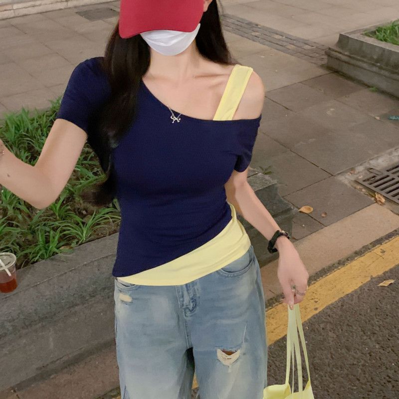 여자 여름 Y2K 유니크 데일리룩 비대칭 언발란스 스퀘어넥 숄더트임 슬림핏 쫀쫀한 스판 크롭 반팔 티셔츠 DJ03145 - 상세 이미지 5