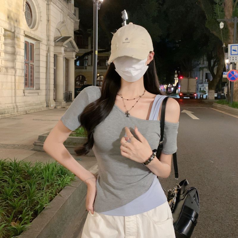 여자 여름 Y2K 유니크 데일리룩 비대칭 언발란스 스퀘어넥 숄더트임 슬림핏 쫀쫀한 스판 크롭 반팔 티셔츠 DJ03145 - 상세 이미지 2