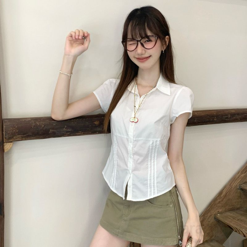 여자 여름 폴로카라 핀턱 반팔 블라우스 퍼프소매 허리라인 슬림핏 면100 출근룩 오피스룩 데이트룩 D07479 - 상세 이미지 5