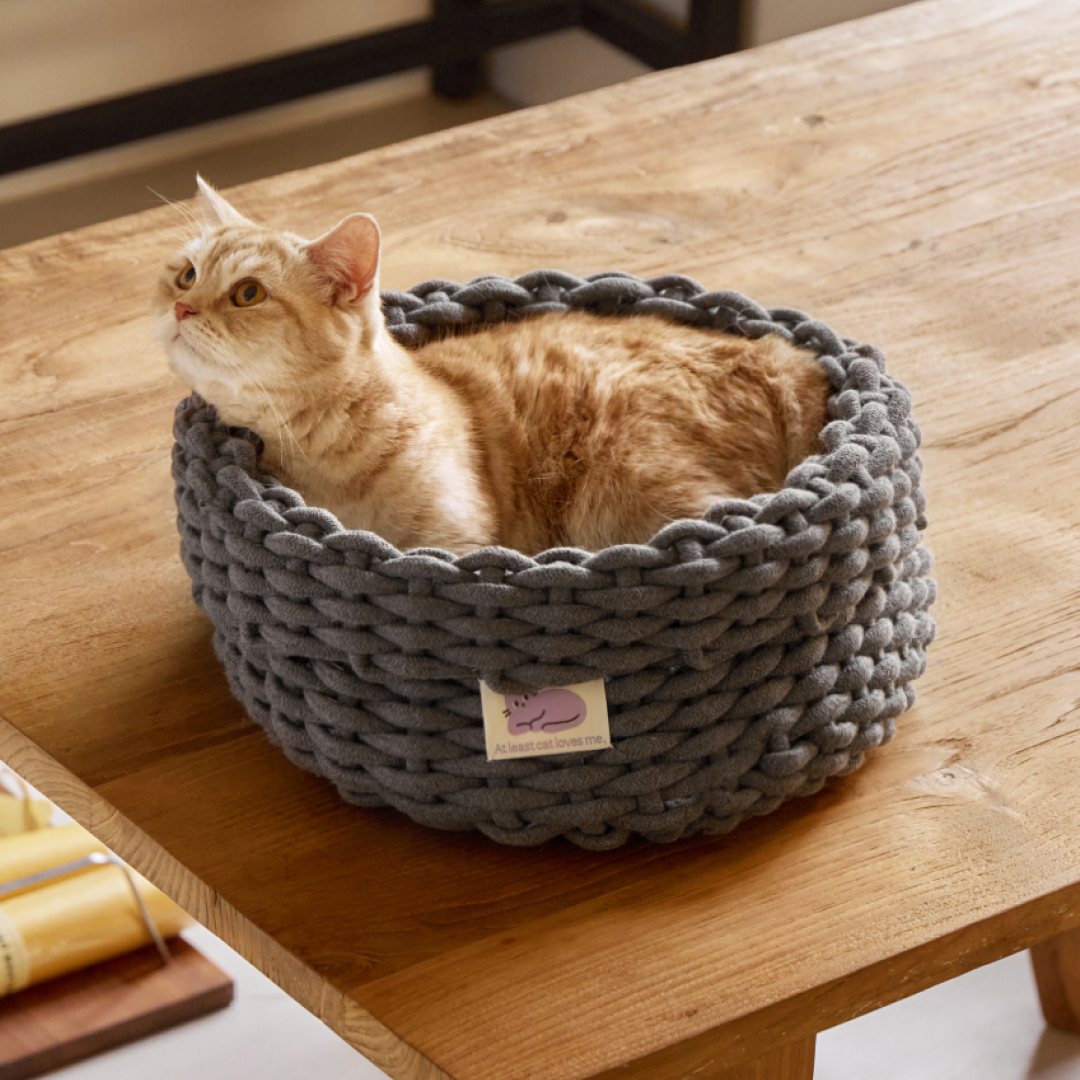 피도테일 고양이 코튼 니트 바구니 숨숨집 하우스 다크 그레이, L (42x42x20cm)