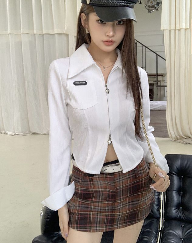 여자 하트 지퍼 크롭 집업 자켓 카라 링클 긴팔 블라우스 슬림핏 봄 가을 아우터 8306 - 상세 이미지 3
