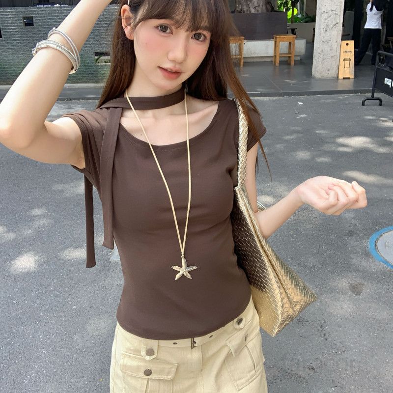 여자 여름 오프숄더 보트넥 숄더리본 반팔 티셔츠 캡소매 슬림핏 Y2K 여리여리핏 데일리 파티룩 D01310P - 상세 이미지 3