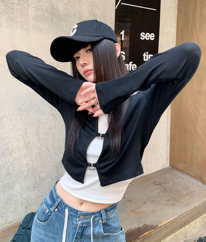 여자 봄 가을 Y2K 스트릿 데일리 크롭 나시 가디건 세트 골지 라운드넥 긴팔 탑 8074 - 상세 이미지 2