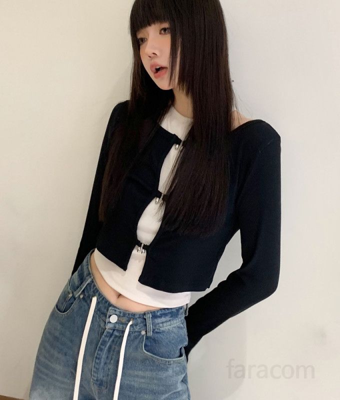 여자 봄 가을 Y2K 스트릿 데일리 크롭 나시 가디건 세트 골지 라운드넥 긴팔 탑 8074 - 상세 이미지 3