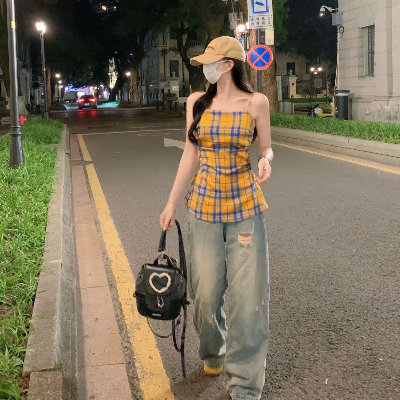 여자 여름 체크 스퀘어넥 뷔스티에 끈나시 사이드 셔링 페플럼 슬림핏 Y2K 레트로 데일리 바캉스룩 B0895 - 상세 이미지 5