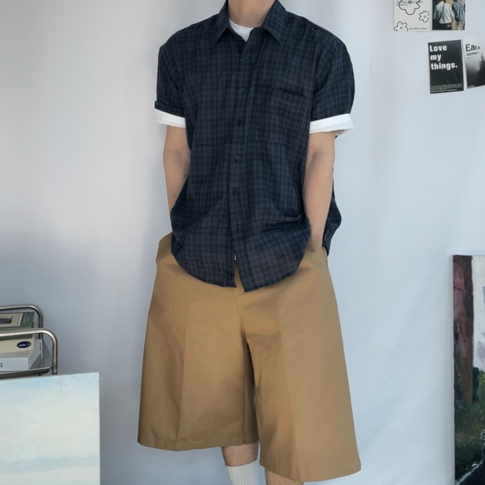 반팔 체크 셔츠 남자 여름 시스루 루즈핏 남방 - 메인 이미지