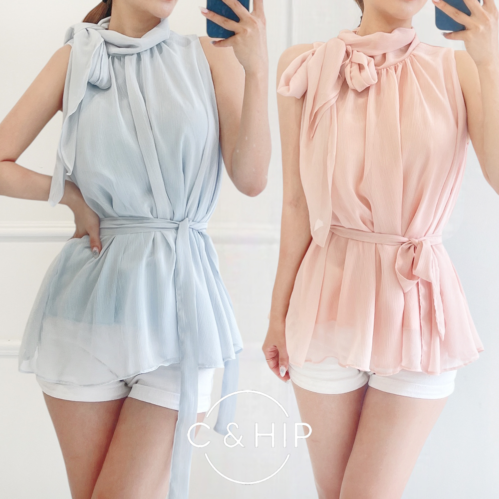 러블리 쉬폰 시스루 홀터넥 리본 타이 롱 나시 민소매 블라우스 4color 이미지 6