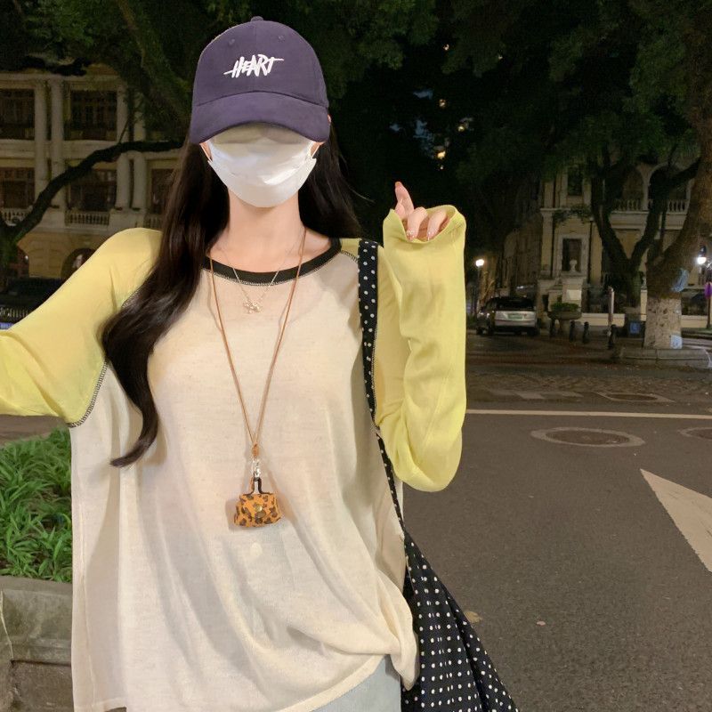 여자 여름 라운드넥 나그랑 배색 긴팔 니트 루즈핏 오버핏 린넨 텐셀 시스루 데일리 캐주얼 ZD141 - 상세 이미지 3