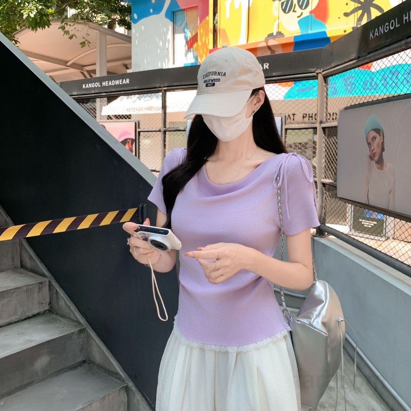 여자 여름 오프숄더 보트넥 숄더리본 반팔 니트 Y2K 슬림핏 쫀쫀한 여리여리핏 데일리 파티룩 ZD132 - 상세 이미지 2