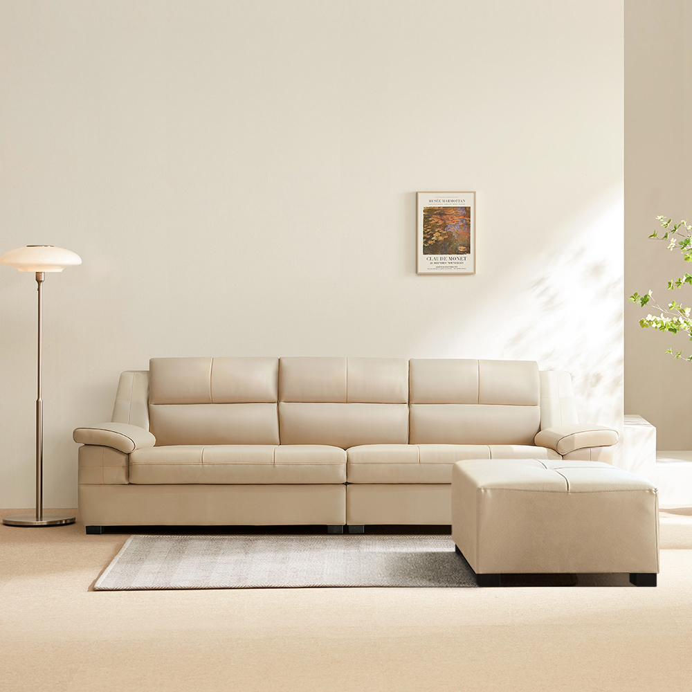 동서가구 천연 면피가죽 테라 소파 스툴포함, 베이지, 4인용