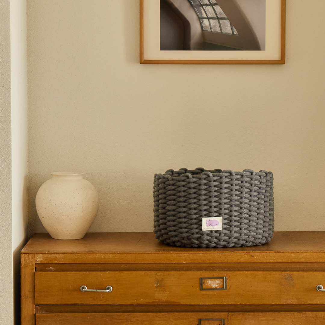 피도테일 고양이 코튼 니트 바구니 숨숨집 하우스 다크 그레이, L (42x42x20cm)