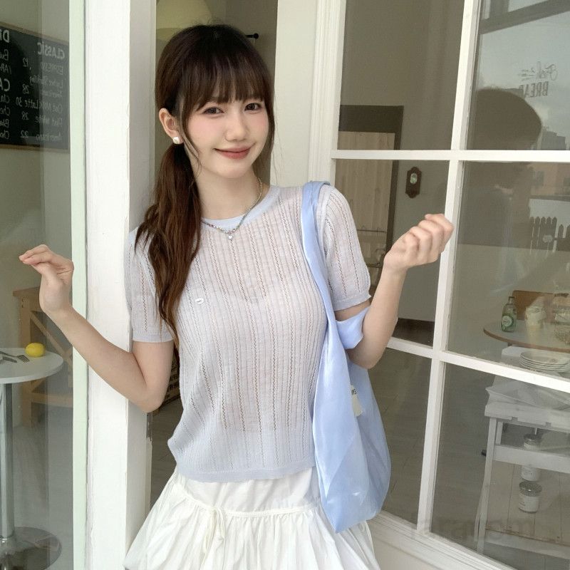 여자 여름 라운드넥 펀칭 시스루 반팔 티셔츠 러블리 데일리 니트 캐주얼 슬림핏 ZD137 - 상세 이미지 3