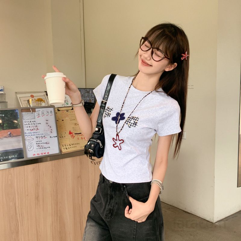 여자 여름 라운드넥 플라워 체크 그래픽 반팔 티셔츠 슬림핏 크롭 Y2K 키치 데일리 캐주얼룩 D01306 - 상품 이미지