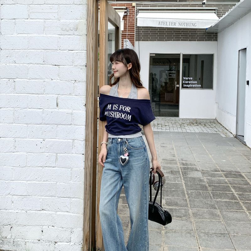 여자 여름 Y2K 스트릿 데일리룩 레터링 프린팅 오버핏 오프숄더 레이어드 홀터넥 나시 세트 면 반팔 티셔츠 DJ08108-1 - 상세 이미지 2