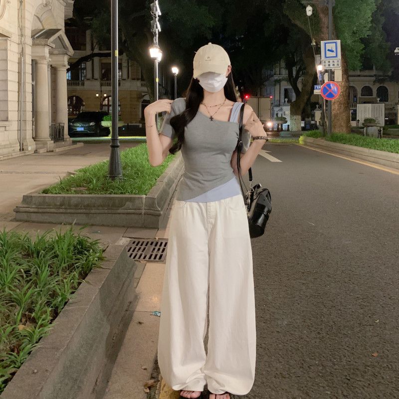 여자 여름 Y2K 유니크 데일리룩 비대칭 언발란스 스퀘어넥 숄더트임 슬림핏 쫀쫀한 스판 크롭 반팔 티셔츠 DJ03145 - 상세 이미지 4