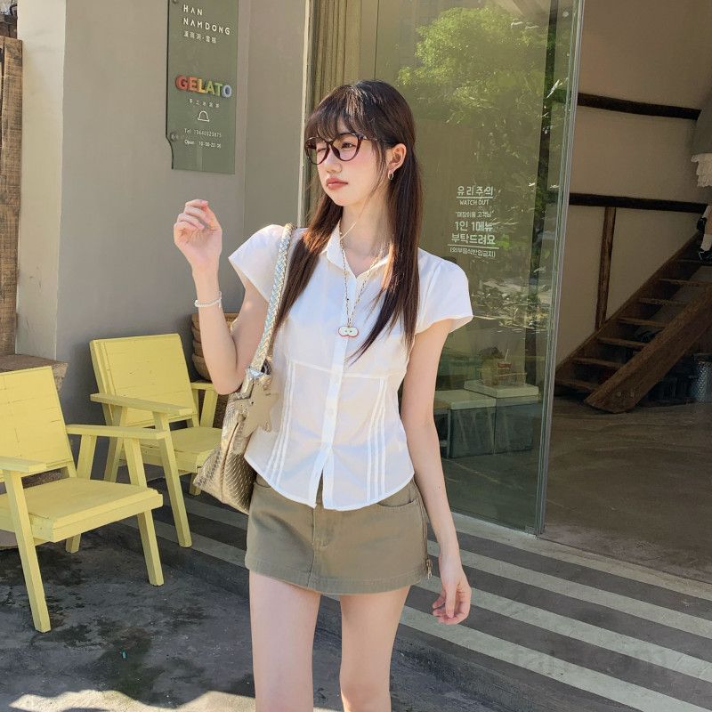 여자 여름 폴로카라 핀턱 반팔 블라우스 퍼프소매 허리라인 슬림핏 면100 출근룩 오피스룩 데이트룩 D07479 - 상품 이미지