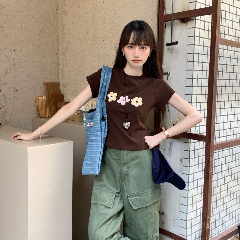 여자 여름 라운드넥 플라워 체크 그래픽 반팔 티셔츠 슬림핏 크롭 Y2K 키치 데일리 캐주얼룩 D01306 - 상세 이미지 5