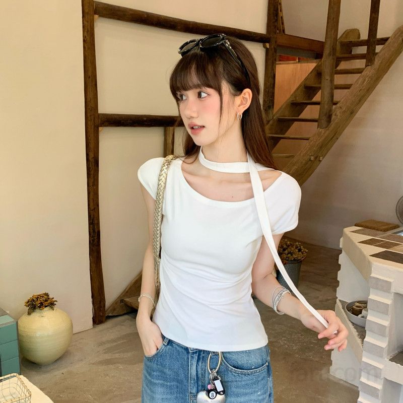여자 여름 오프숄더 보트넥 숄더리본 반팔 티셔츠 캡소매 슬림핏 Y2K 여리여리핏 데일리 파티룩 D01310P - 상세 이미지 2