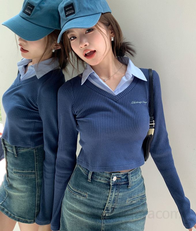 여자 봄 가을 Y2K 스트릿 레터링 카라 브이넥 페이크 레이어드 크롭 골지 긴팔 티셔츠 8225 - 상세 이미지 4