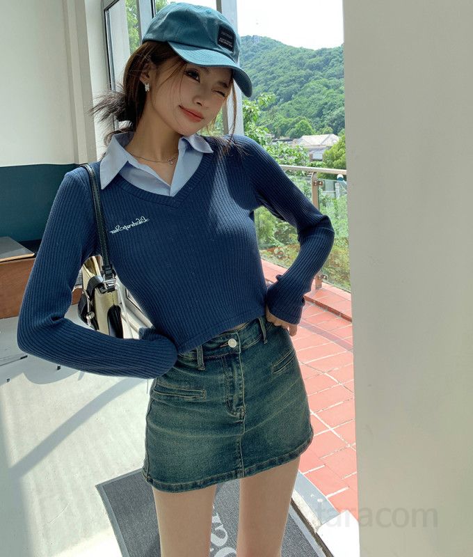 여자 봄 가을 Y2K 스트릿 레터링 카라 브이넥 페이크 레이어드 크롭 골지 긴팔 티셔츠 8225 - 상세 이미지 3