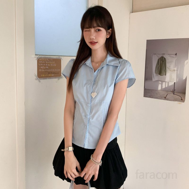 여자 여름 폴로카라 핀턱 반팔 블라우스 퍼프소매 허리라인 슬림핏 면100 출근룩 오피스룩 데이트룩 D07479 - 상세 이미지 2